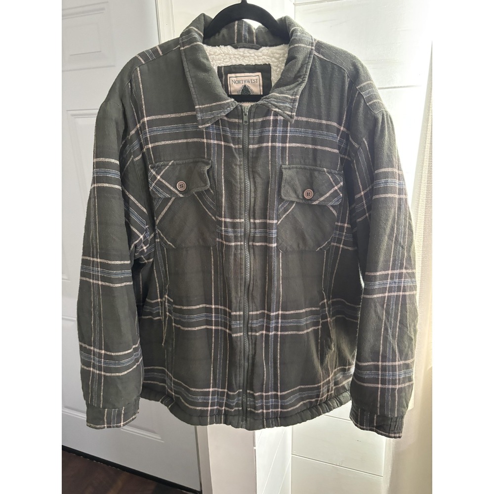 Northwest Territory Jacket Mens XL Green Plaid Sherpa Lined Flannel Zip Workwear